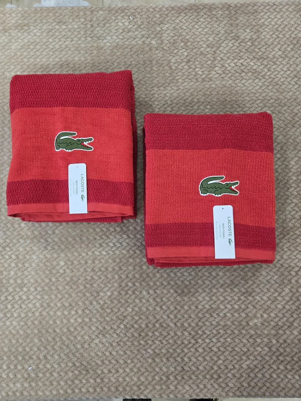 Lacoste Red Cotton Bath Towel - Embroidered Crocodile Logo